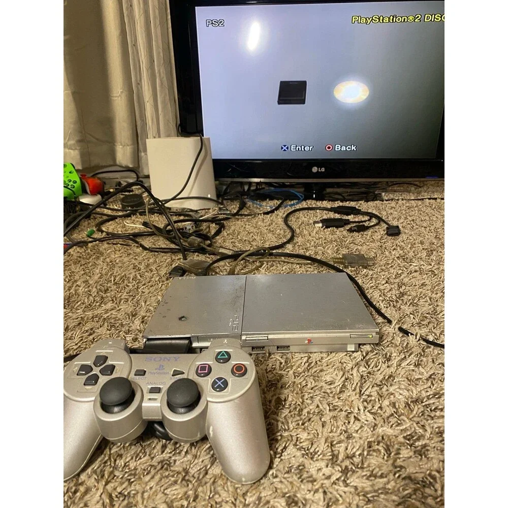 Sony Playstation 2 PS2 Slim Silver Console OEM Silver Controller Tested + memory